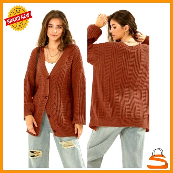 Oversized Cable Knit Cardigan Soft Lightweight V-Neck Button Front Chic - Picture 4 of 7